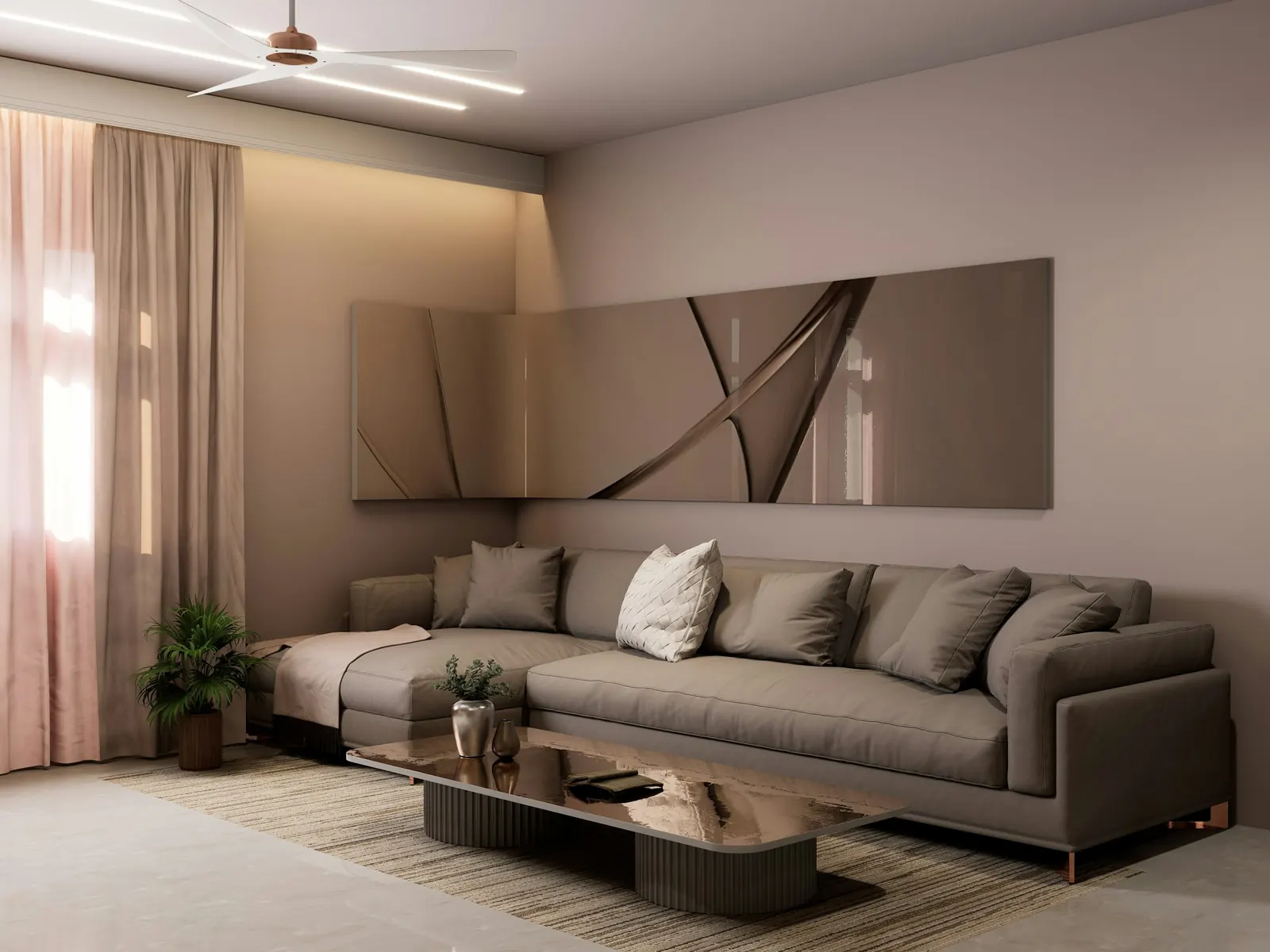 3D render of a modern living room with a grey sofa, accent wall and cove lighting