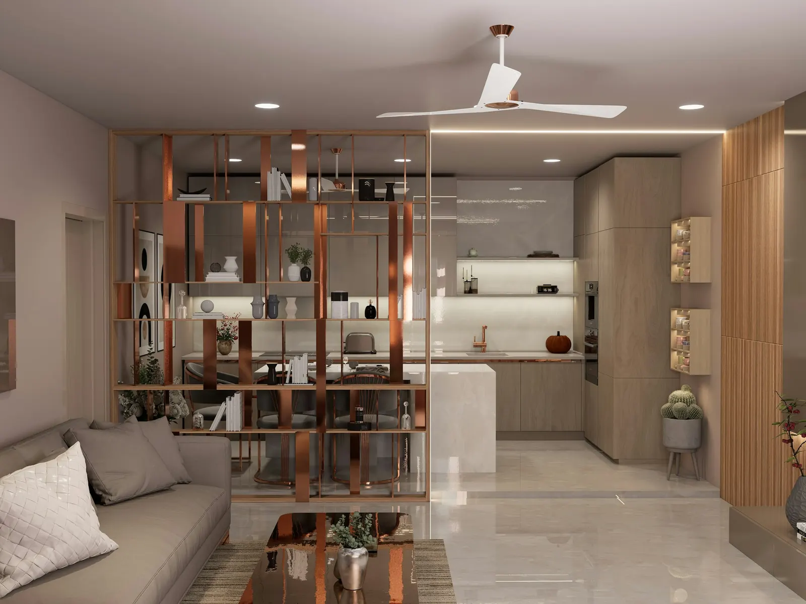 3D render of a living area with a copper shelf divider opening onto a kitchen